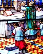 Priest Ciborium Host Altar Altar Servers kneeling